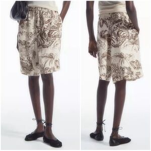 COS Women’s Size 8 Cream & Brown Botanical Print Pull-On‎ Longline Linen Shorts
